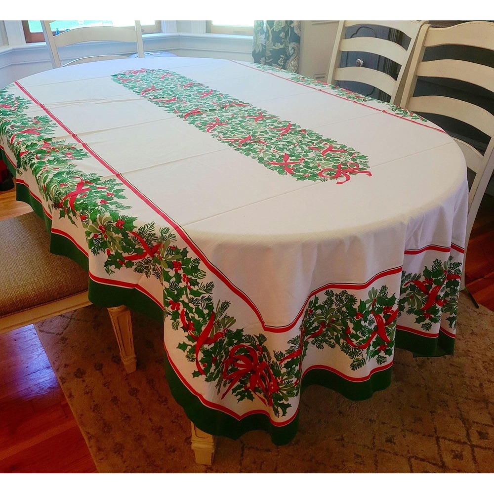 Vintage Christmas Tablecloth Mid Century 1960s 62x102" Holly Red Bows XLong